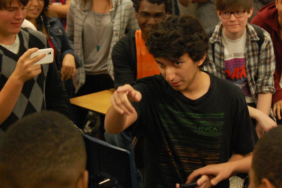 Young Seeb points to his opponent while rapping during Block Day Barz. These rap battles attract a more extensive audience every block day.