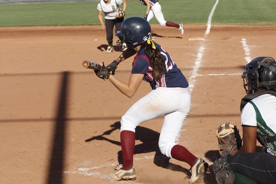 Laynee Gomez bunts earlier this month against Basha High School. The Pumas are primed for their first round playoff game at Corona del Sol Saturday, April 27.