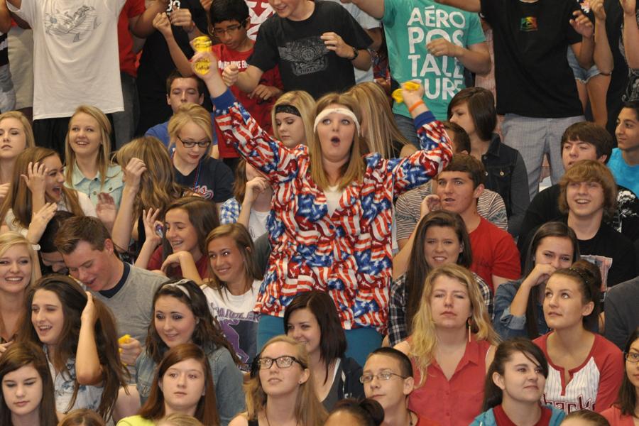 Sophomore Katy Perry (center) exibits class spirit at the latest assembly. 