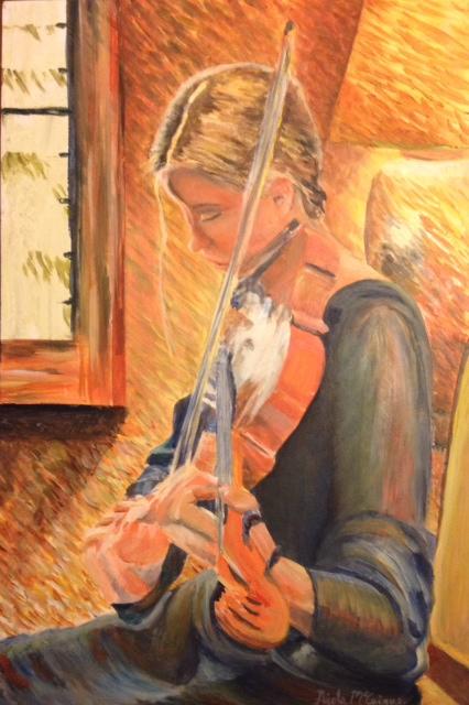 Art teacher Nicole McCaigues painting of junior violinist Rachel Schoenberger.