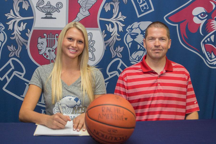 Senior+Rachel+Amerine+signs+her+National+Letter+of+Intent+to+play+basketball+at+California+State.+