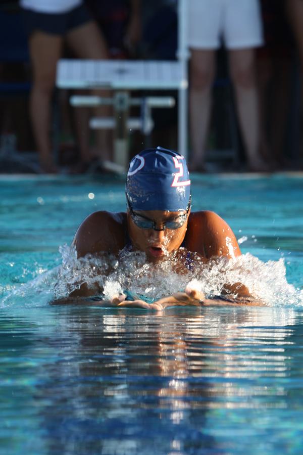 Senior Raevin Richardson competes in the breaststroke at the state swim meet. Richardson placed second in state in the race.