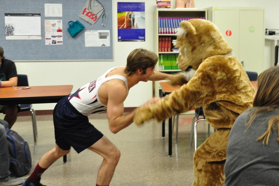 Senior wrestler Tucker Matsen spars with Pouncer the Puma in health class.