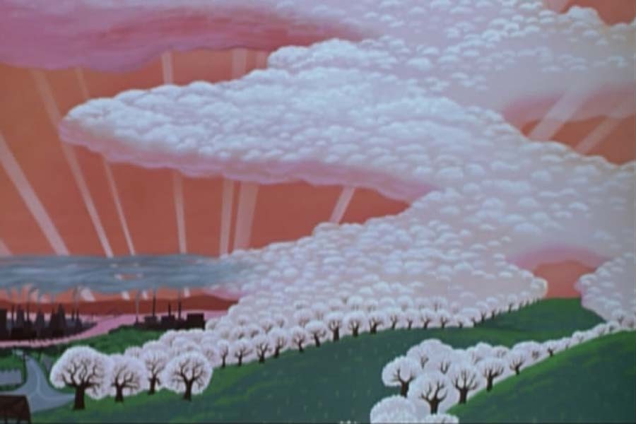 The opening frame from Johnny Appleseed showcases the unique visual flair of Disney artist Mary Blair (Disney). 