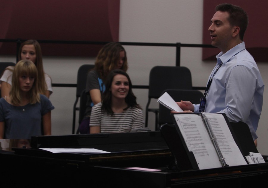 Mr. Staleys concert choir class listens to a lecture from him during 3rd hour on August 18th, 2015. Photo by: Lauren Haught