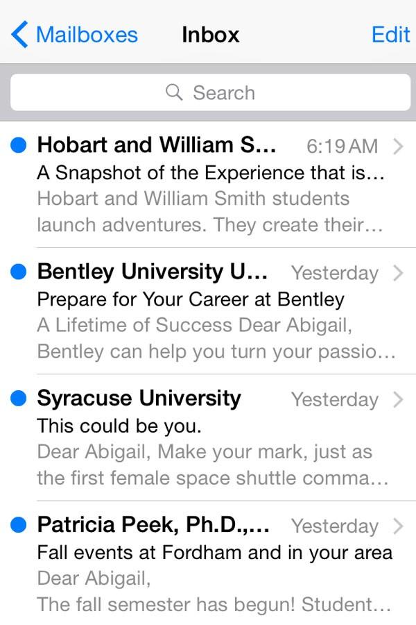 Emails from colleges.