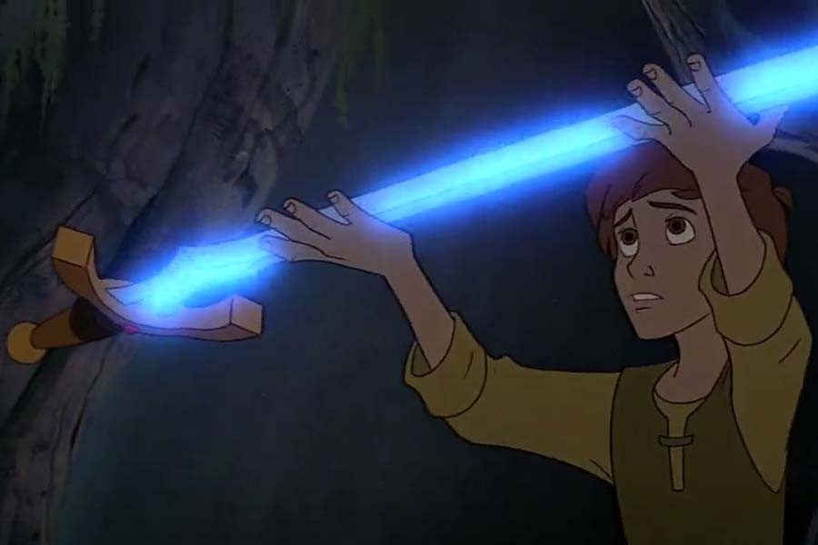 Taran (voiced by Grant Bardsley) holds his light sword aloft as a trade for the sinister Black Cauldron (Disney).