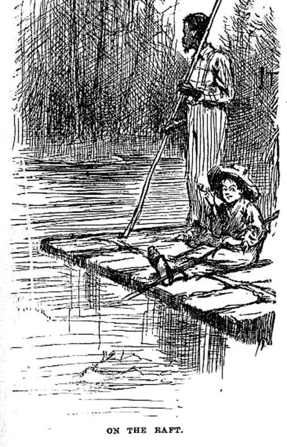 A scene from The Adventures of Huckleberry Finn which shows main characters Huck and Jim traveling on a raft.