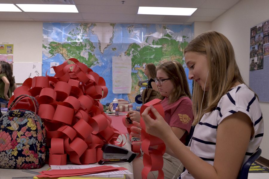 (from left)On August 19, 2016, Student Government members Lilla Brandt (12) and Tanner Phillips (10) assemble paper links for Perry Highs annual fundraiser Spirit Links