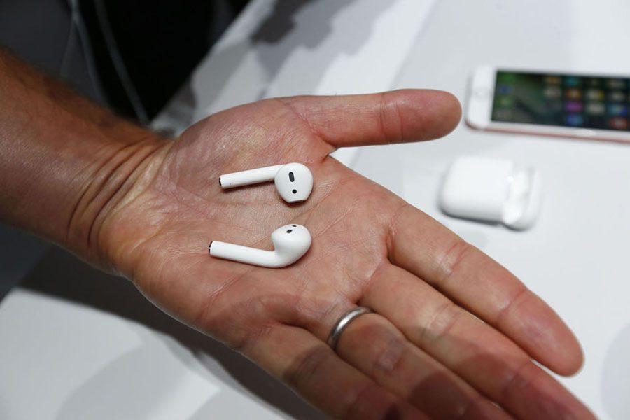 Wireless AirPods are demonstrated following the product launch of the iPhone 7 at the Bill Graham Civic Auditorium in San Francisco on Wednesday, Sept. 7, 2016. (Gary Reyes/Bay Area News Group/TNS)