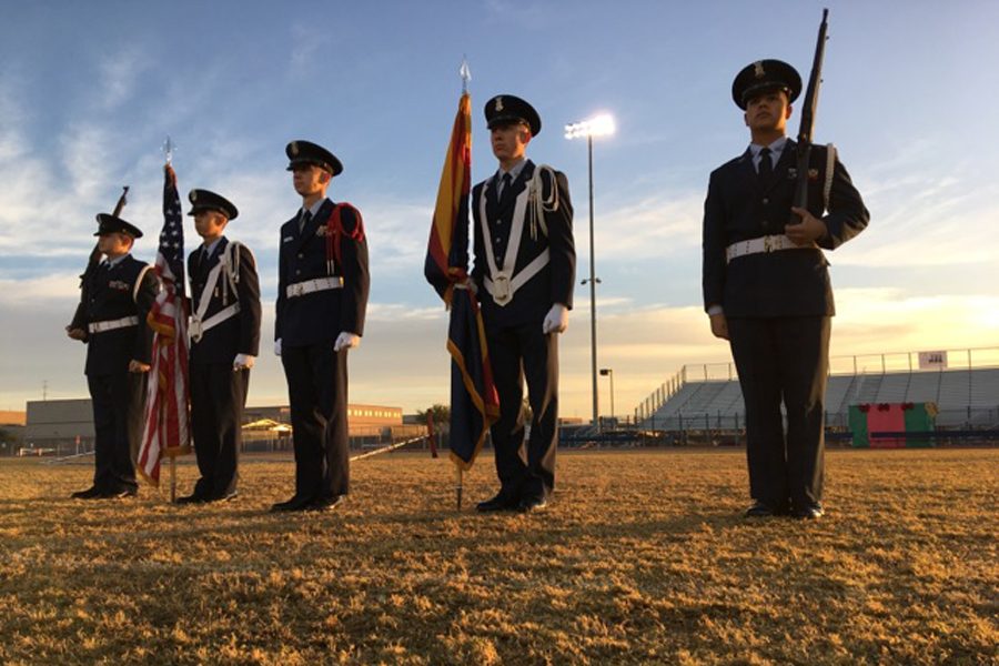 AFJROTC cadets presenting colors at the Winter Assembly. Left to right: C/MSgt Chase Assaker (10), C/1Lt Gavin McDaniel (11), C/Capt Logan Wizner (12), C/CMSgt Rudy Padia (11), C/SSgt Levi Ramirez (10)