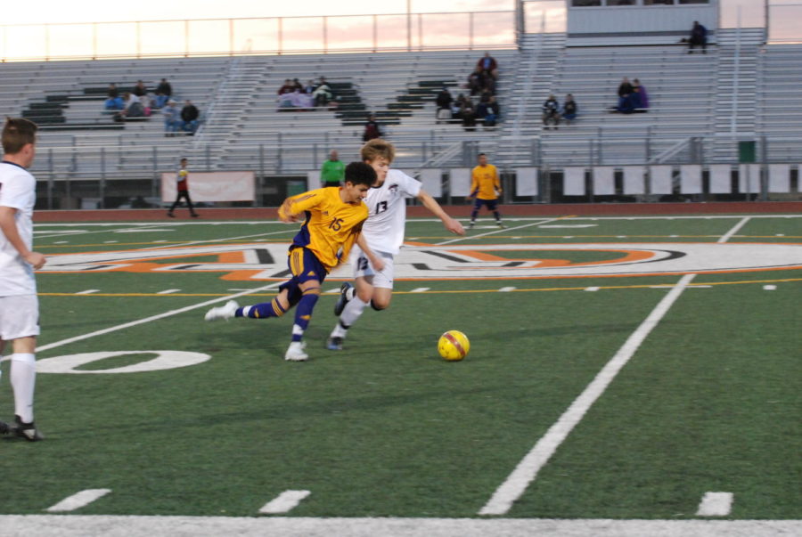 Senior Pearson Wallace (white) challenging a loose ball against Mesa.