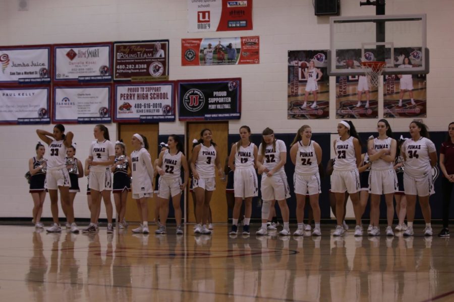 Perry Girls Basketball lines up to announce starting players.