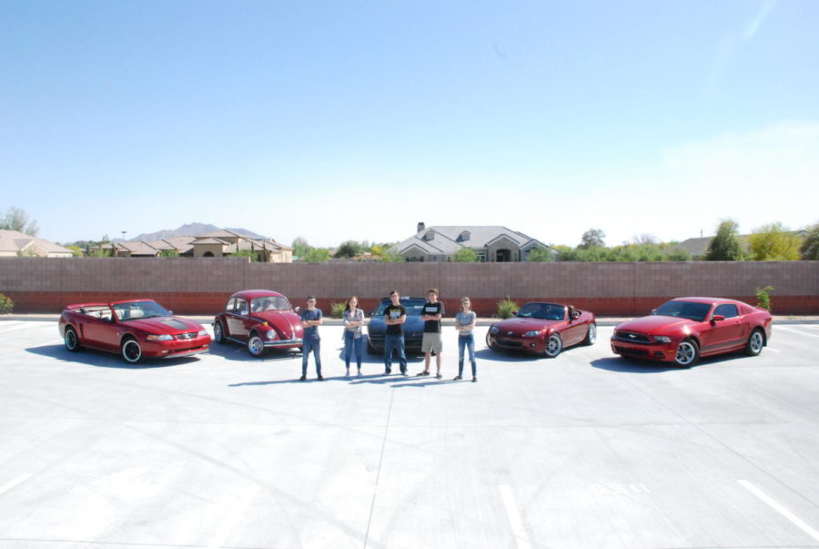 Left to right: Jakob Shapiro and his 99 Mustang GT; Isabela Olivarez and her 75 Beetle; Andy Gongora and his 89 Firebird; Andrew Drake and his 09 Miata MX-5; Bailey Davis and her 14 Mustang