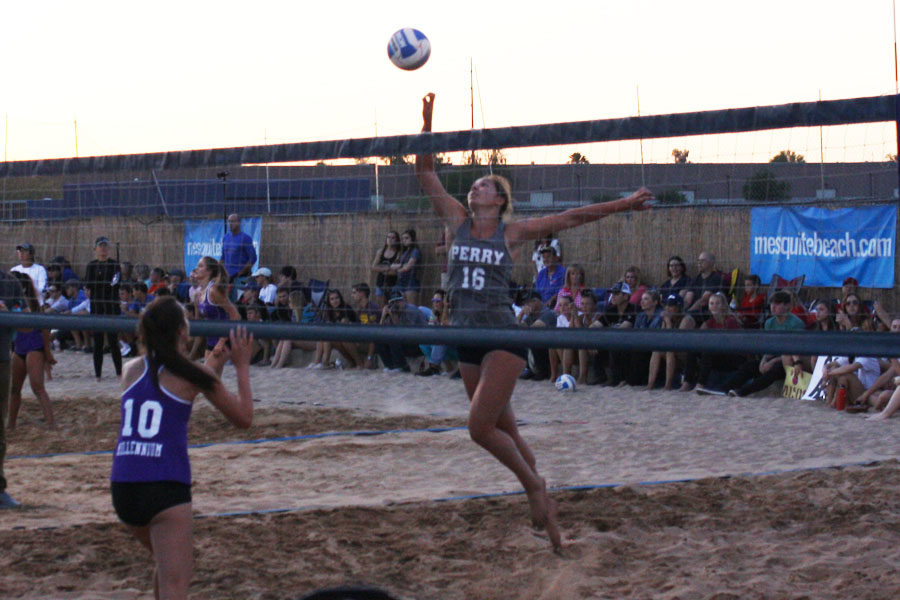 Senior Portia Valadez spikes the ball against Mesquite High in the state championship match 