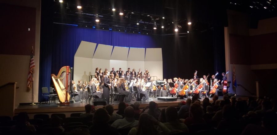 Choir students perform Hallelujah with orchestra students at the winter orchestra concert. 