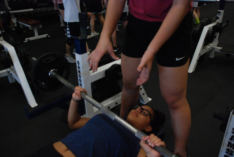 Girls basketball team building strength and endurance in the weight room. 