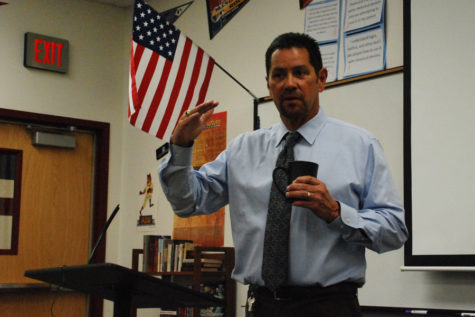 Principal Dan Serrano talks to the newspaper class during his monthly press conference.