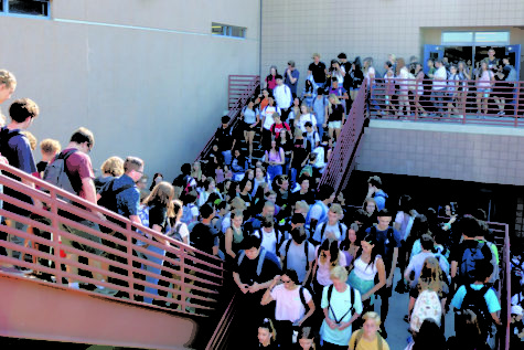 Students pour out of the south exits of the C-building last Thursday morning. The new addition to the C-building has more than 30 new classrooms that can house approximately 1,000 students at any time, and only one shared staircase with the original C-building.