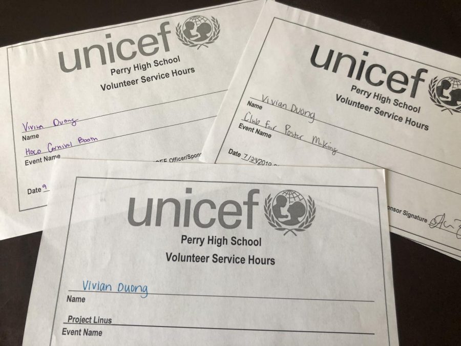 UNICEF volunteer hour slips are used to keep track of service hours for club members. 