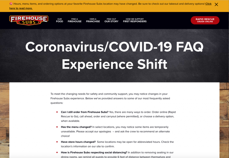 A screenshot from Firehouse Subs website with a message regarding COVID-19.