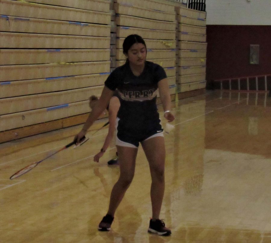 Senior, Adrianna Ramos performs a low-serve at the start of a rally in a match against Red Mountain. The girls badminton team has been continuously successful with wins, and has been undefeated thus far. 