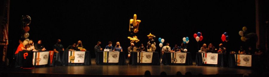 Jenna+Heller%2C+Makayla+Long%2C+Caden+Malloy%2C+Briana+Mattos%2C+Alyssa+Montoya%2C+Ella+Rud+and+Gabby+Valadez+speaking+at+signing+day.+The+students+thanked+those+who+supported+them+and+expressed+excitement+and+gratitude+for+the+opportunities+to+play+on+a+collegiate+level.+