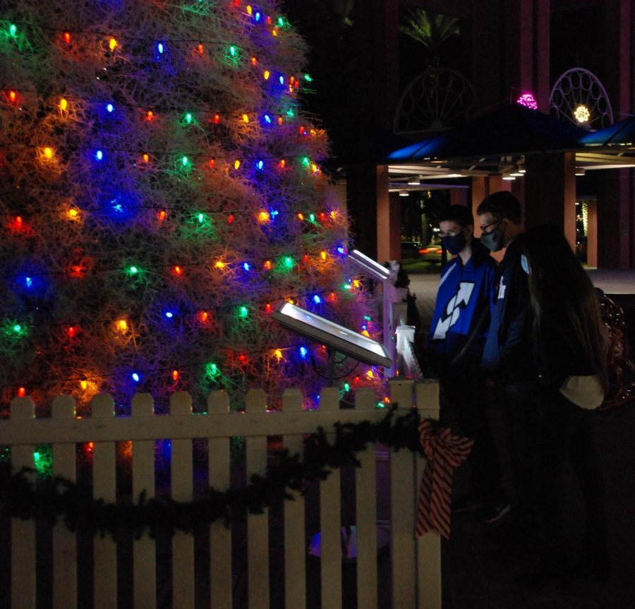 Freshmen Taylor Walker, Daniel Johnson, and Myrna Diaz meet up in downtown Chandler to look at Christmas decorations. 