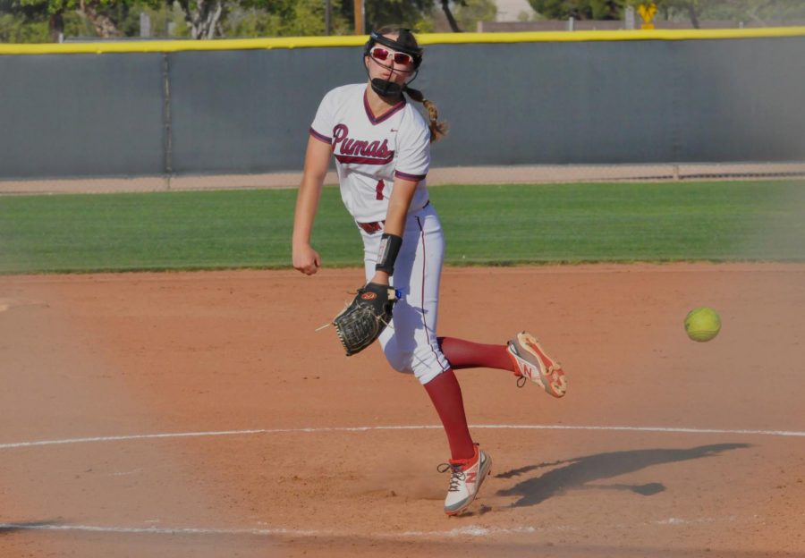 Junior Autumn Kunze pitches a strike at a home game against Xaiver High. The team ended up losing this game 3-1, but Kunze prevented any runs for the first eight innings. 