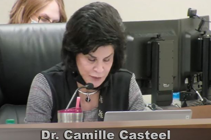 Dr. Camille Casteel reads Superintendent comments at the March 24 board meeting. Casteel announced her retirement in December of last year, after serving the district for over fifty years. 