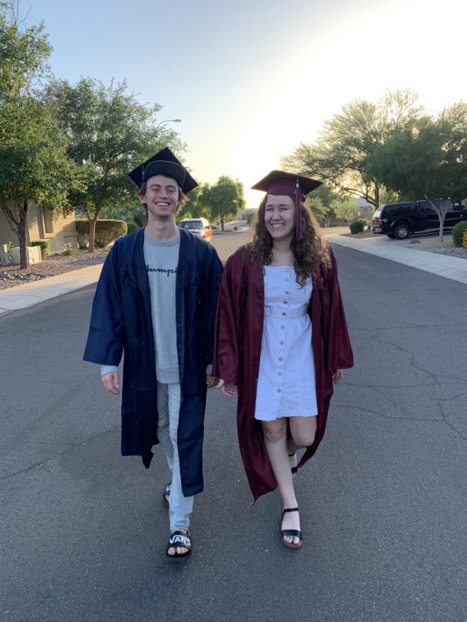 Bryce Harger and Alyssa Premo are demonstrating a good and bad outfit to wear for graduation. The left is what not to wear, and the right is what to wear. 