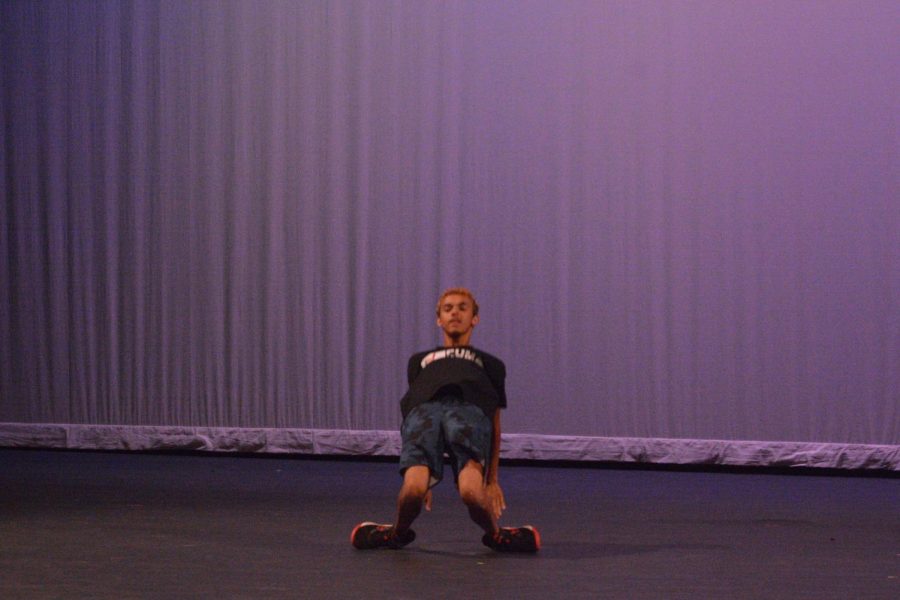 Freshman Corwin Ammesmaki performs his special dance move at the Puma Pal Talent Show on Fri. Oct. 29th. Ammesmaki told the audience that he learned and perfected his dance move in one day. 