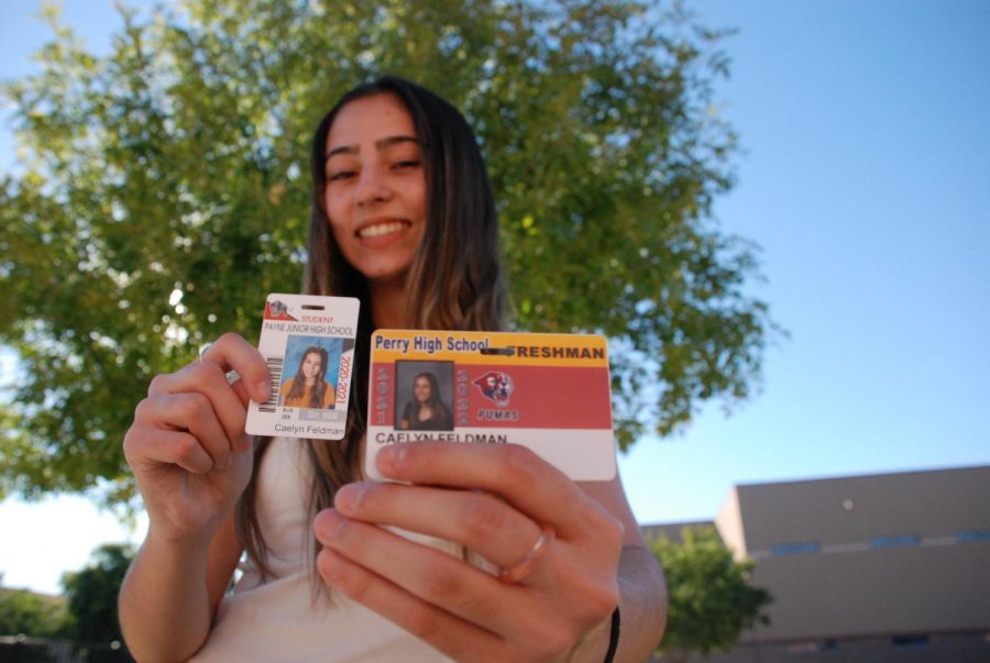 Freshman Caelyn Feldman compares her eighth grade ID to her new ninth grade ID. Due to COVID-19, students have to fulfill the gap from online learning.
