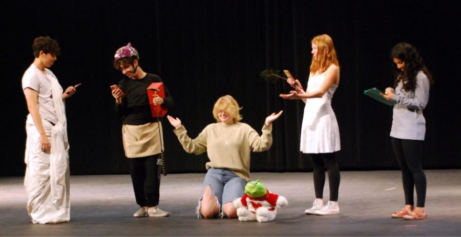 Art History students (left to right) Nathan Lam, Josh Ortega, Lila Olive, Shaye Duncan, and Christine Burboz line the stage for their performance. The play was an effort by all the students with little teacher intervention.