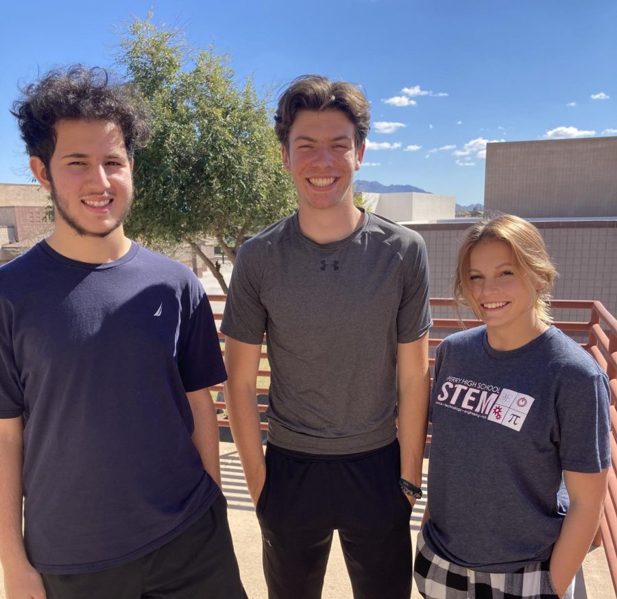 Chandler Unified School District science fair was held on Feb. 29. Lotta Mozes (right), Jacob Andrews (middle), and Richard DeKelata (left) won first place in the mechanical engineering category at the fair with their project on Thermoacoustic (sound) cooling. 
