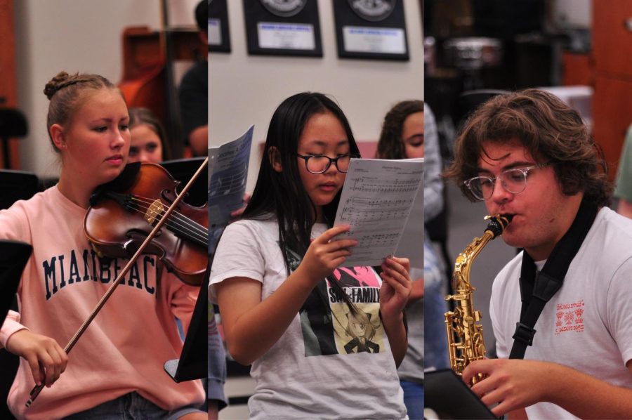 Senior+Kylie+Christensen%2C+freshman+CJ+Chen%2C+and+Junior+David+Schwartz+focus+on+new+pieces.+Well-rounded+members+of+Tri-M+are+dedicated+to+both+their+school+work+and+music+studies.