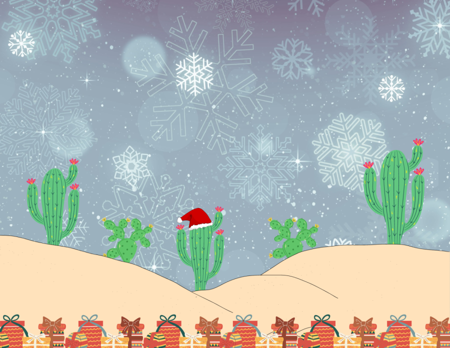 Snow falling in cactus filled desert thats decorated with holiday themed decor ranging from hats to multi-colored gifts.