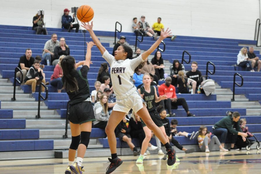 Senior+Guard+Jayla+Cal+blocks+a+pass+from+an+opposing+team+member+in+the+game+against+Fairfax.+The+game+ended+with+a+score+of+74-45+with+Perry+up.