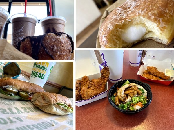 (Top Left) Three Chillers and a pastry from Black Rock feed students after a school day; (Top Right) A warm pastry from Bosa Donuts is enjoyed after school by students as well. (Bottom Left) Two Subway sandwiches are enjoyed by two students after school, and Bottom Right) a teriyaki chicken bowl and chicken tenders is enjoyed by several students after school.