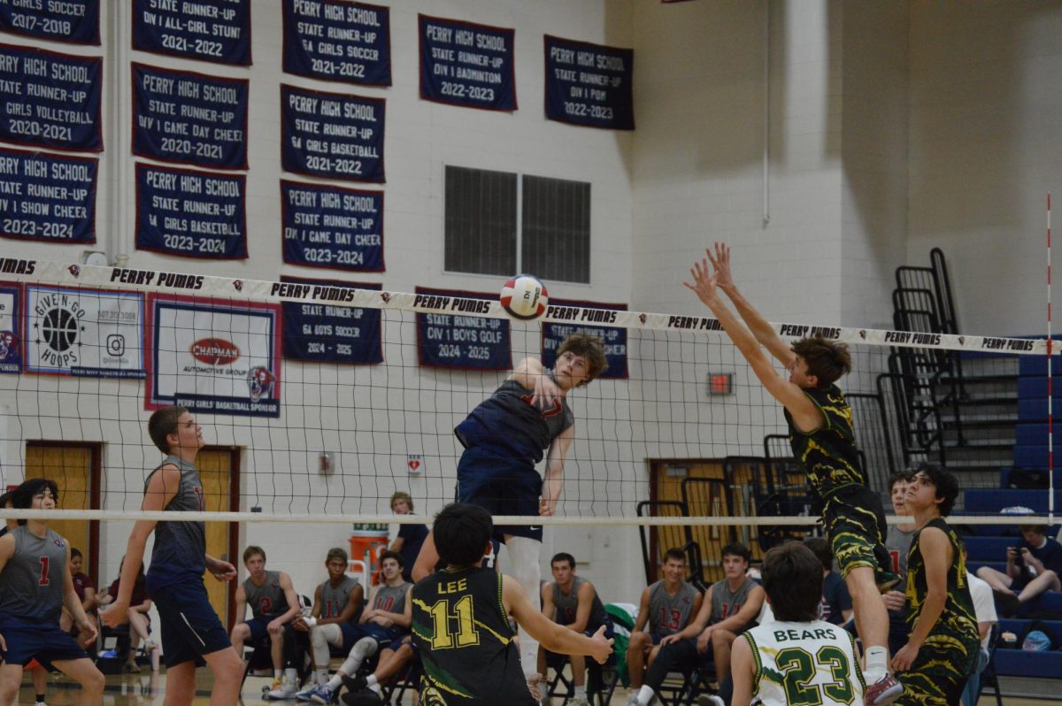 Junior Collin Morrissey spikes the volleyball to get the point for the pumas. The pumas went on to win this match against Basha. 